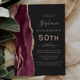 Invitation Burgundy Rose Gold Agate Dark 50e Anniversaire