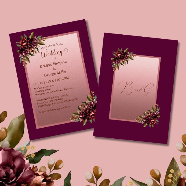 Invitation Burgundy Rose Gold Script Floral Wedding (Créateur téléchargé)