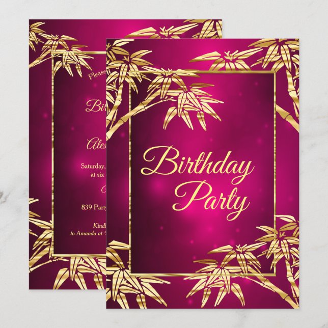 Invitation Burgundy rose or Bambou fête d'anniversaire (Devant / Derrière)