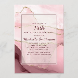 Invitation Burgundy Rose Or Marbre Agate 18e Anniversaire