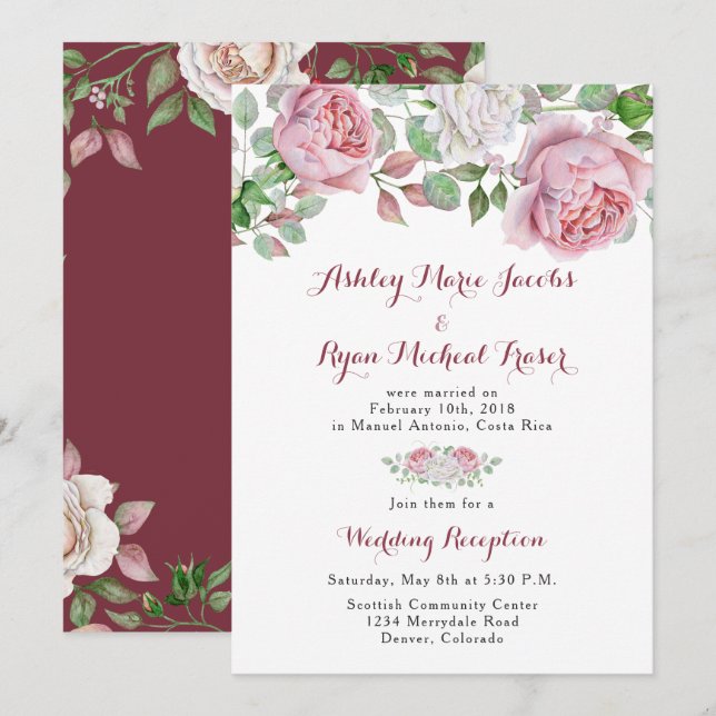 Invitation Burgundy Rose Post Réception de mariage uniquement (Devant / Derrière)