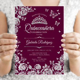Invitation Burgundy Roses Argent Papillons Quinceanera