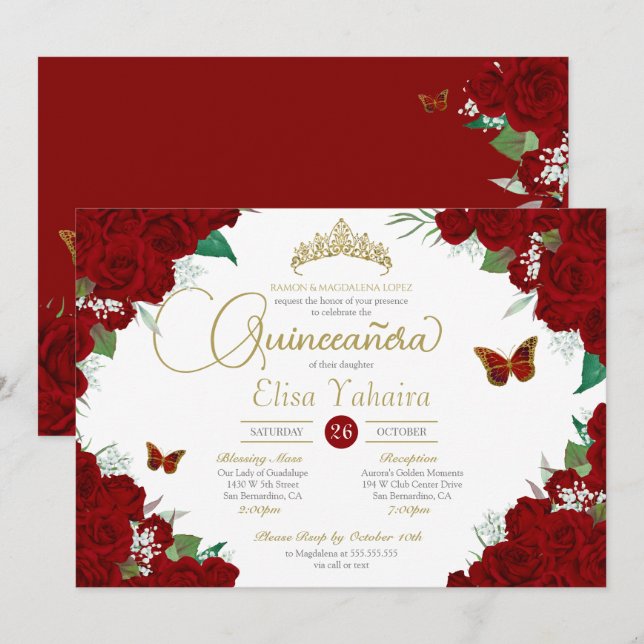 Invitation Burgundy Roses Rouges Florales Papillon Quinceaner (Devant / Derrière)