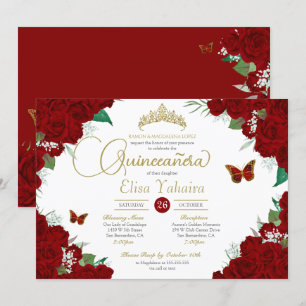 Invitation Burgundy Roses Rouges Florales Papillon Quinceaner