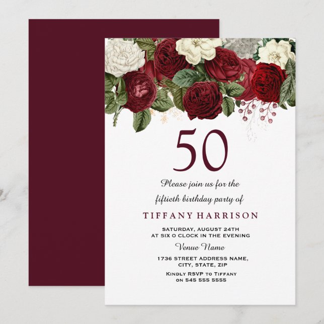 Invitation Burgundy Rouge Blanc Rose 50e anniversaire Invitat (Devant / Derrière)