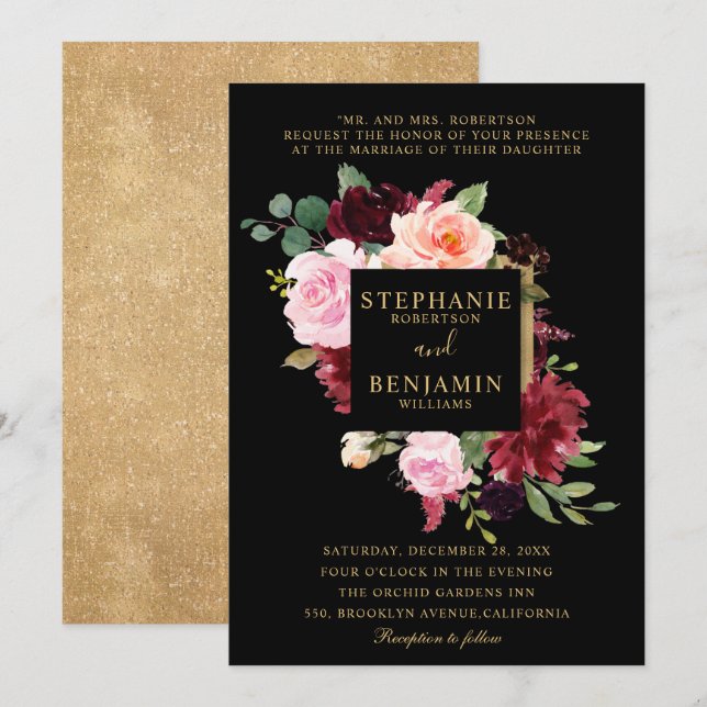 Invitation Burgundy Rouge Blush Floral Russe Boho Mariage (Devant / Derrière)