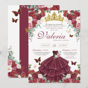 Invitation Burgundy Rouge Élégant Papillon Princesse Quinceañ