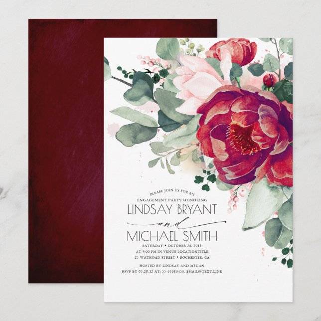 Invitation Burgundy Rouge et Blush Rose Flora (Devant / Derrière)