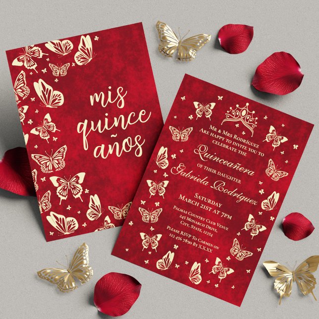 Invitation Burgundy rouge et Quinceañera or Papillon Tiara (Red Burgundy and Gold Quinceañera Tiara Butterfly Invitation)