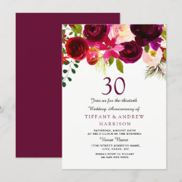 Invitation Burgundy Rouge Floral Boho 30e Anniversaire de Mar