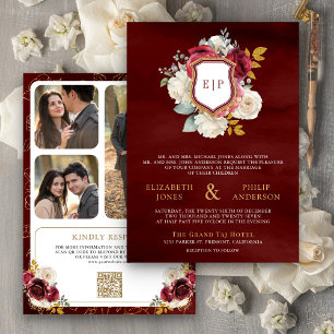 Invitation Burgundy Rouge Floral QR Code Photo Crest Mariage