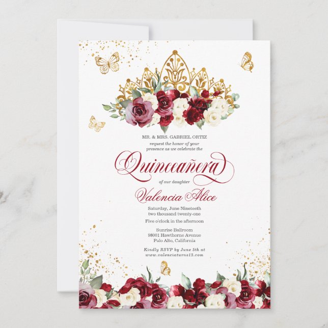 Invitation Burgundy Rouge Floral Tiara Butterfly Quinceanera (Devant)