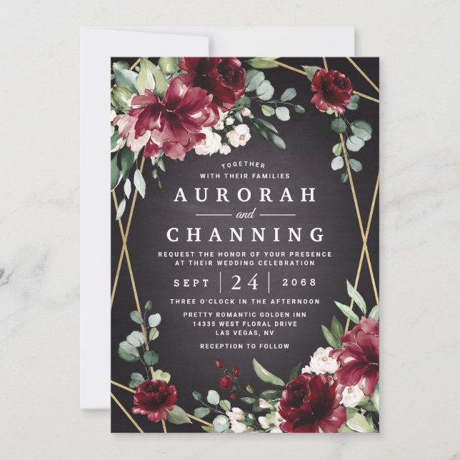 Invitation Burgundy Rouge Noir et Or Floral Élégant Mariage (Devant)