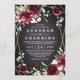 Invitation Burgundy Rouge Noir et Or Floral Élégant Mariage