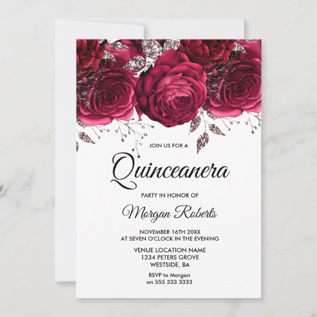 Invitation Burgundy Rouge Rose Argent Floral Quinceanera Part (Devant)