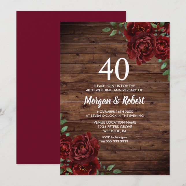 Invitation Burgundy Rouge Rose Rustique 40ème Anniversaire de (Devant / Derrière)