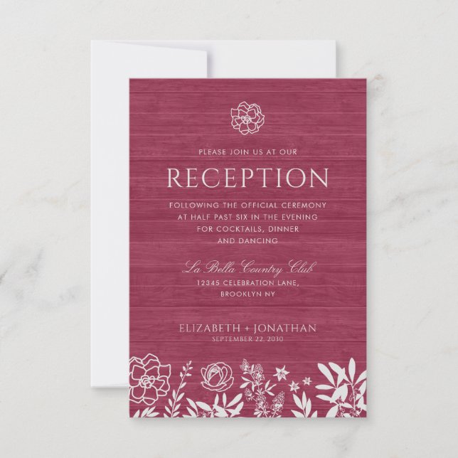 Invitation Burgundy Rouge Rustique Floral Bois Réception de m (Devant)