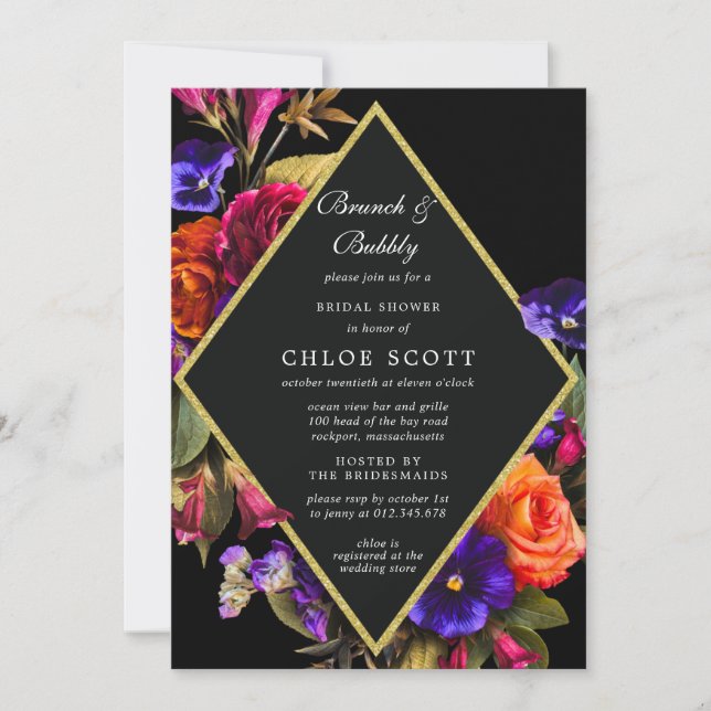 Invitation Burgundy Rouge violet Orange Floral Brunch (Devant)