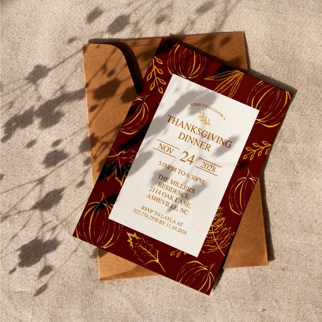 Invitation Burgundy Russe Gold Motif Thanksgiving Dîner (Créateur téléchargé)