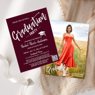 Invitation Burgundy Script QR Code Photo Graduation Party