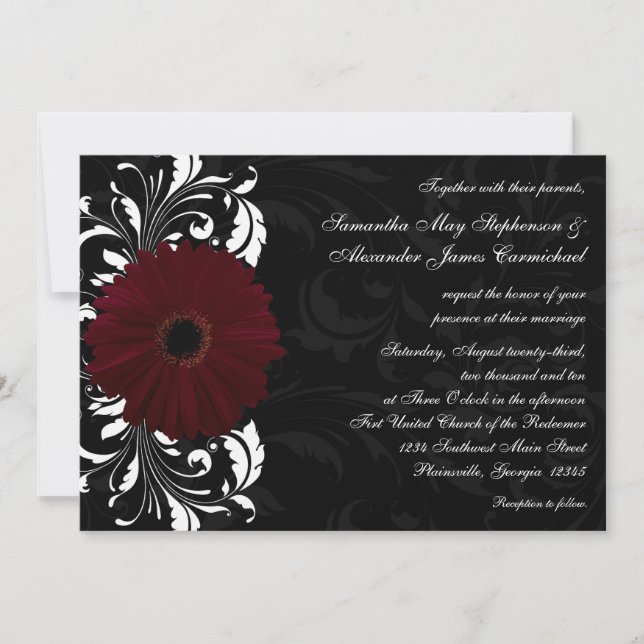 Invitation Burgundy Scroll Gerbera Daisy avec noir et blanc (Devant)