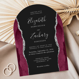 Invitation Burgundy Silver Agate Dark Arch Shape Wedding