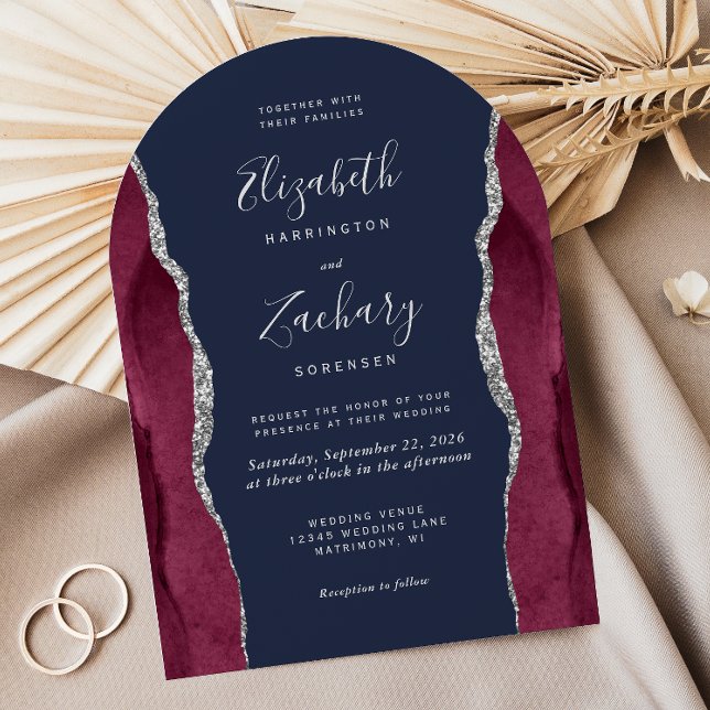 Invitation Burgundy Silver Agate Navy Blue Arch Shape Wedding (Créateur téléchargé)