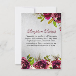Invitation Burgundy Silver Floral Wedding Détails de la récep