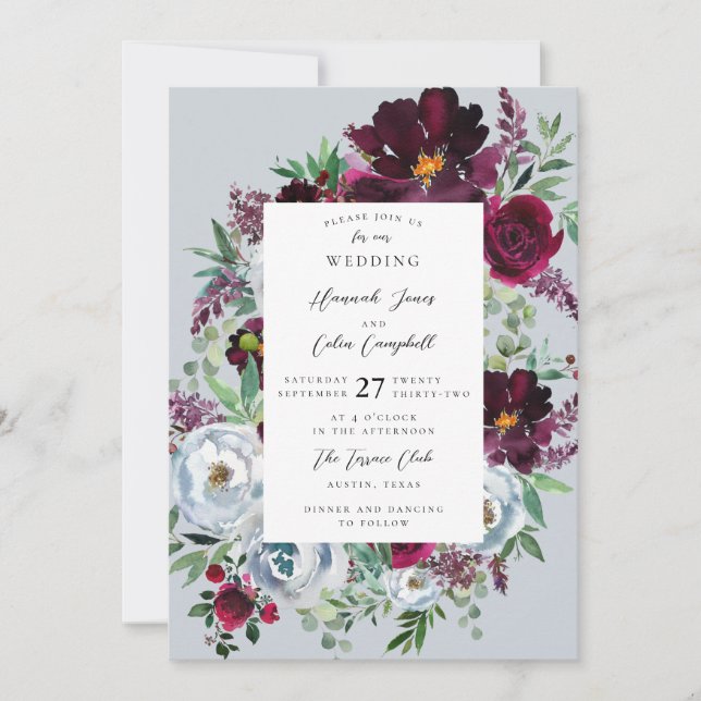 Invitation Burgundy Silver Grey Rose Botanique (Devant)