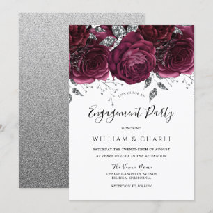Invitation Burgundy & Silver Sparkel Floral Engagement