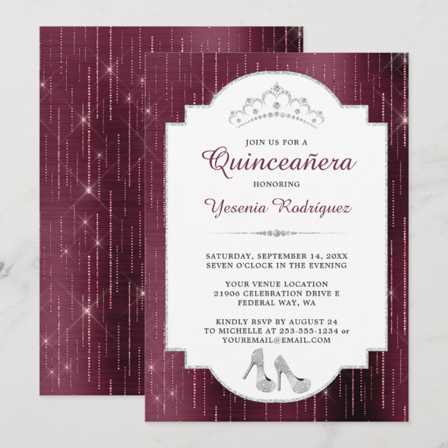 Invitation Burgundy Sparkle Diamond Tiara Quinceañera (Devant / Derrière)