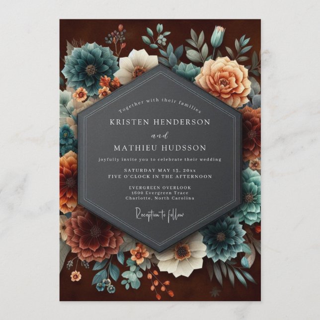 Invitation Burgundy Teal Dutch Bloom Wedding (Devant)