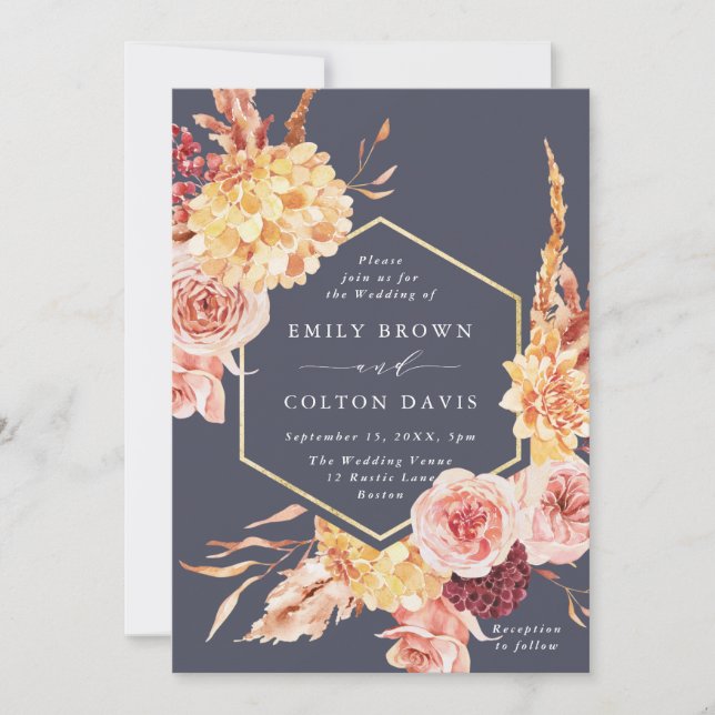 Invitation Burgundy Terracotta Gold Floral Mariage violet (Devant)