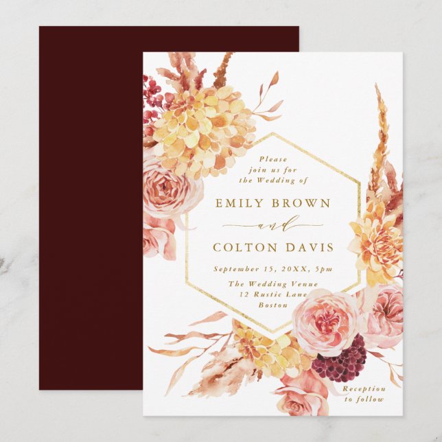 Invitation Burgundy Terracotta Gold Script Mariage Floral (Devant / Derrière)