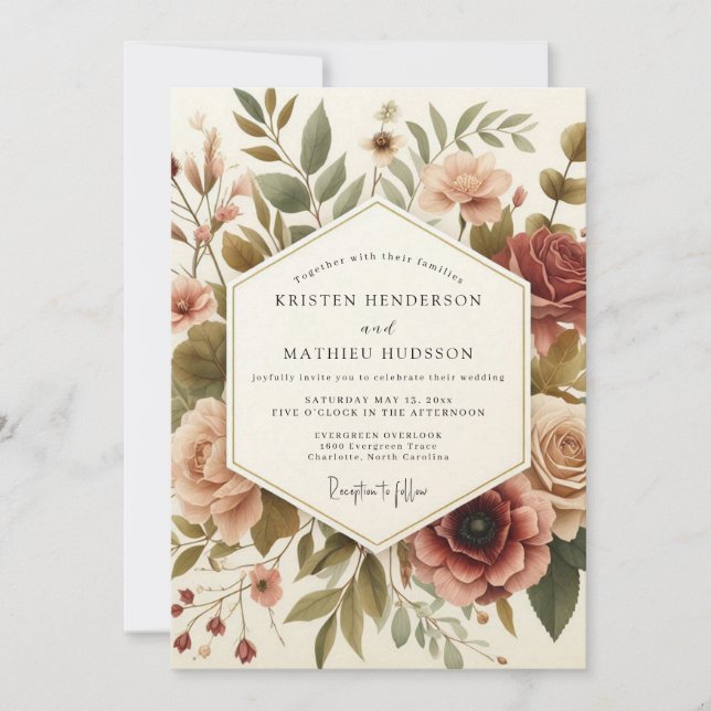 Invitation Burgundy Vintage Bloom Wedding (Devant)