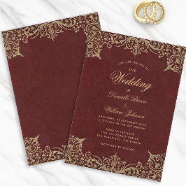 Invitation Burgundy Vintage Gold Calligraphie Mariage élégant