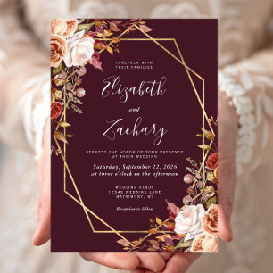 Invitation Burgundy Watercolor Fall Floral Gold Frame Mariage