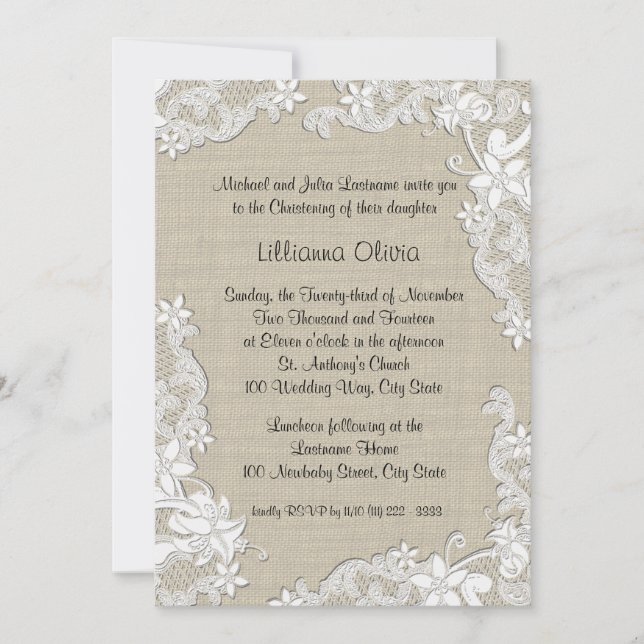 Invitation Burlap Baby Christening (Devant)