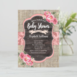 Invitation Burlap Bois Fleurs roses Baby shower fille