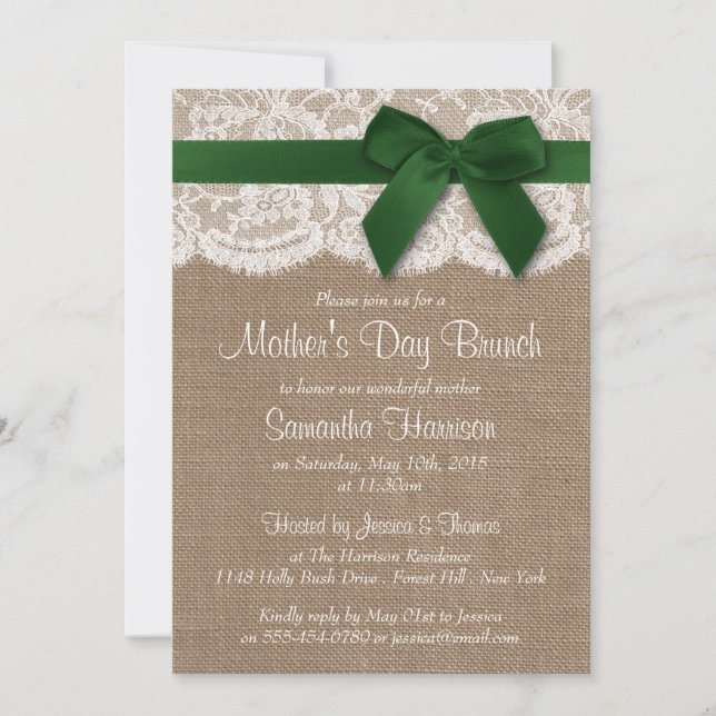 Invitation Burlap, dentelle et bouw verte Fête des mères Brun (Devant)