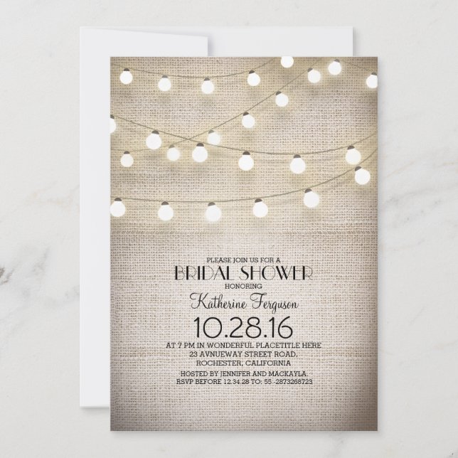 Invitation burlap dentelle lumières rustique nuptiale douche (Devant)