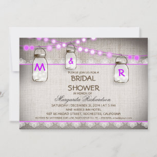 Invitation burlap et bocaux de mason violet douche nuptiale
