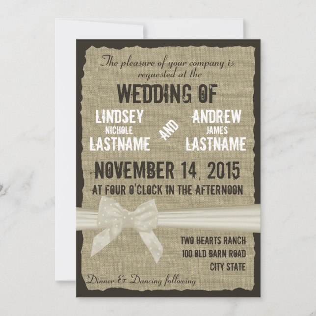 Invitation Burlap et Bow Rustique Mariage Antique Blanc (Devant)