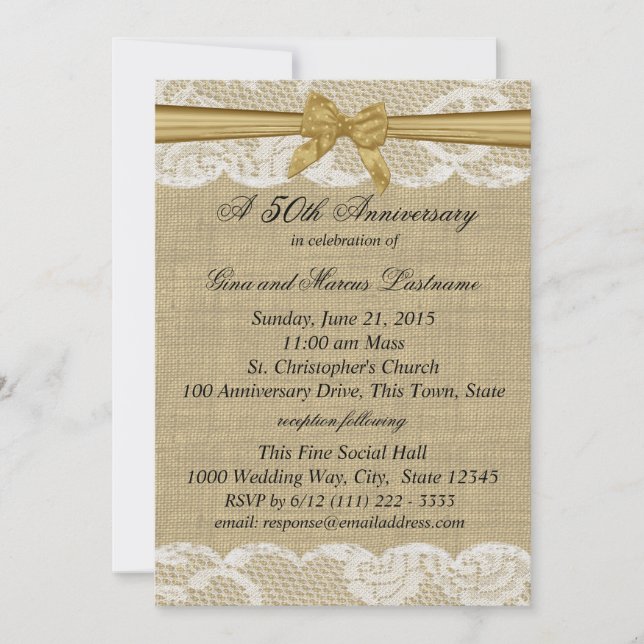 Invitation Burlap et dentelle avec Gold Bow 50e anniversaire (Devant)