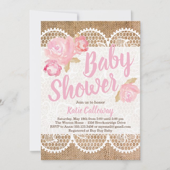 Invitation Burlap et dentelle Shabby Chic Baby shower Invitat (Devant)