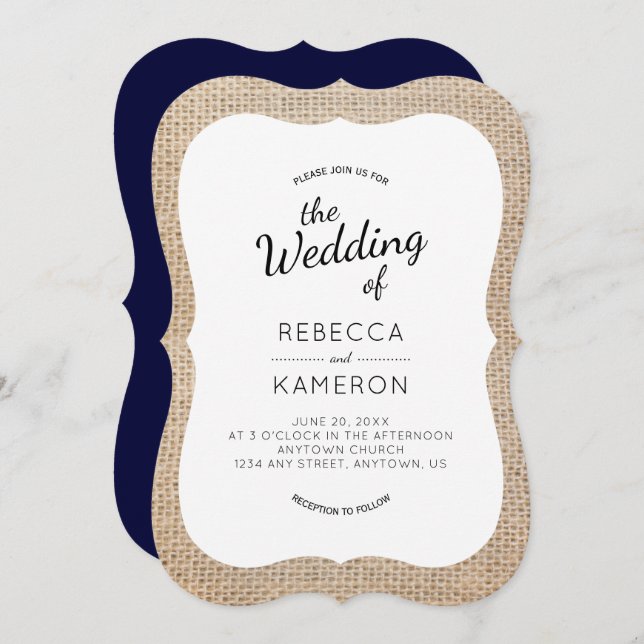 Invitation Burlap et Navy Blue Bracket Frame Wedding Invitati (Devant / Derrière)