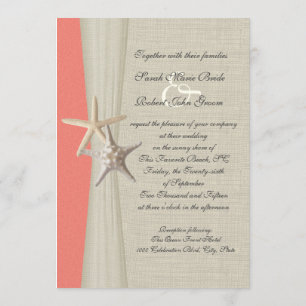 Invitation Burlap et Starfish Shell Coral Beach Mariage