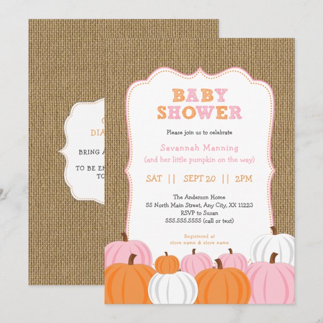 Invitation Burlap Girl Orange Citrouille baby shower invitati (Devant / Derrière)