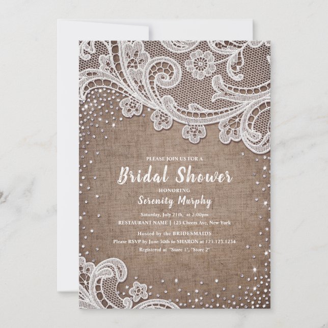 Invitation Burlap Lace argent parties scintillant rustique nu (Devant)