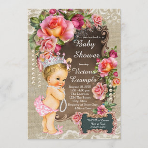 Invitation Burlap Lace Pearl Princess Baby shower Rustic Chic